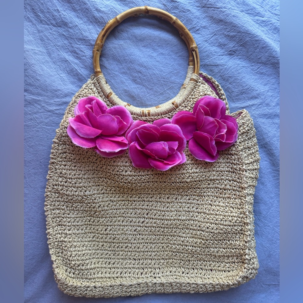 Vintage Aldo Straw Hand Bag With Round Solid Bamboo Handles And Magenta Flowers